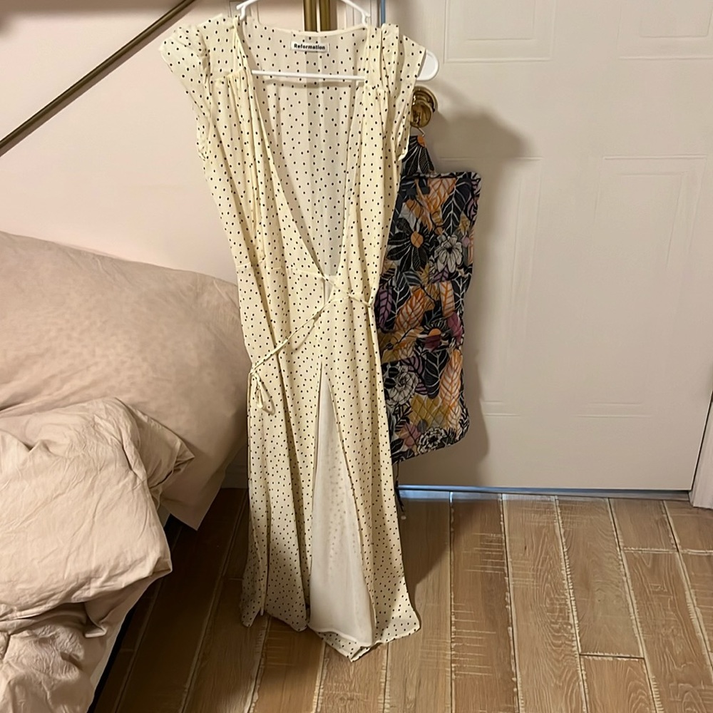 Reformation light yellow and polka dot midi dress